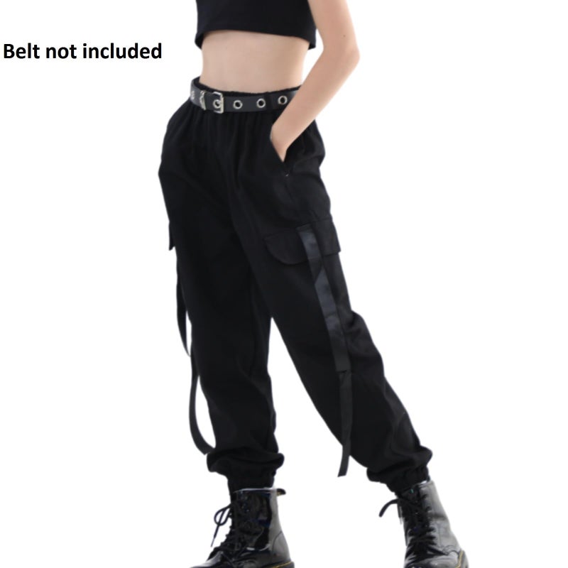 Rolanko Kids Cargo Pants Trousers Jogger with Pockets for Girls Street Hip Hop Dance Clothes (Black, 8-10) - Image 2